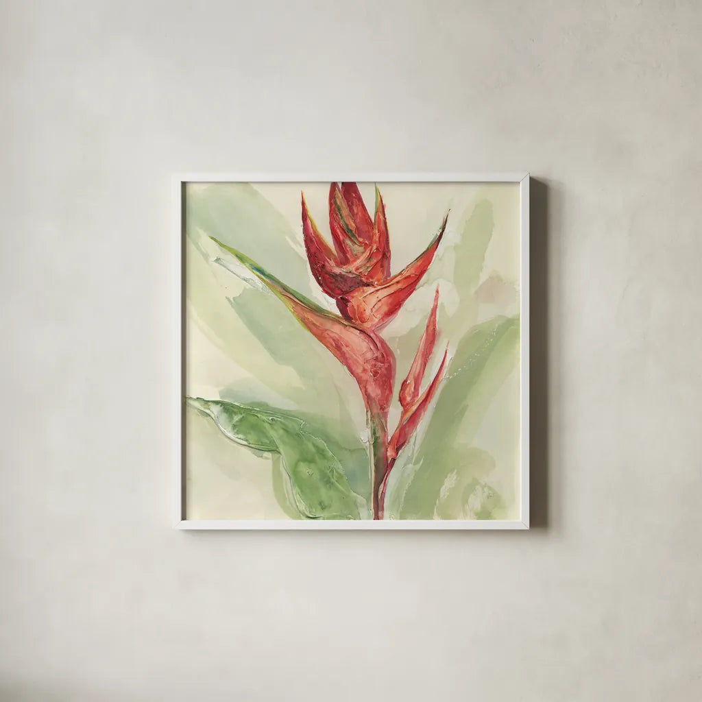 Exotic Flower IV by Chris Paschke. Shown in a crisp white glass frame for a clean and minimalist style. Available as an archival giclee rolled canvas, fine art paper, or poster print. SKU 48033a.