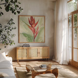 Exotic Flower IV by Chris Paschke. Shown in a natural wood frame in a cozy modern living room. Available as an archival giclee rolled canvas, fine art paper, or poster print. SKU 48033a.