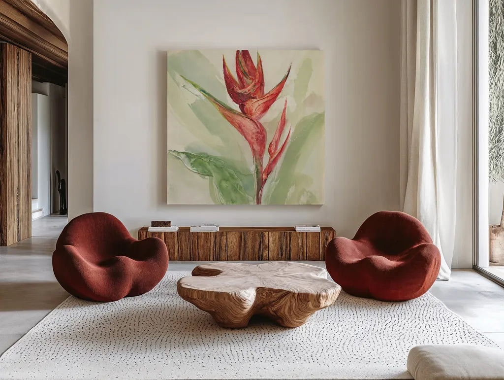 Exotic Flower IV by Chris Paschke. Shown as extra-large giant wall art in a modern living room. Available as an archival giclee rolled canvas, fine art paper, or poster print. SKU 48033a.