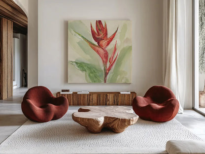 Exotic Flower IV by Chris Paschke. Shown as extra-large giant wall art in a modern living room. Available as an archival giclee rolled canvas, fine art paper, or poster print. SKU 48033a.