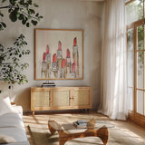 Fashion First IV by Chris Paschke. Shown in a natural wood frame in a cozy modern living room. Available as an archival giclee rolled canvas, fine art paper, or poster print. SKU 49455a.