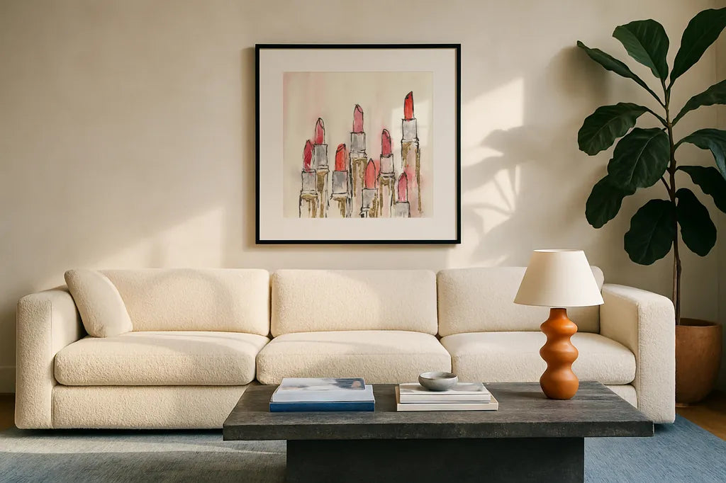 Fashion First IV by Chris Paschke. Displayed in a glass frame with matte in a clean modern living room. Available as an archival giclee rolled canvas, fine art paper, or poster print. SKU 49455a.