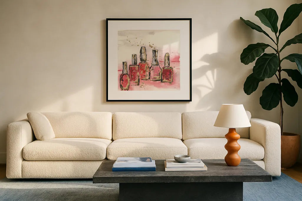 Fashion First VI by Chris Paschke. Displayed in a glass frame with matte in a clean modern living room. Available as an archival giclee rolled canvas, fine art paper, or poster print. SKU 49457a.