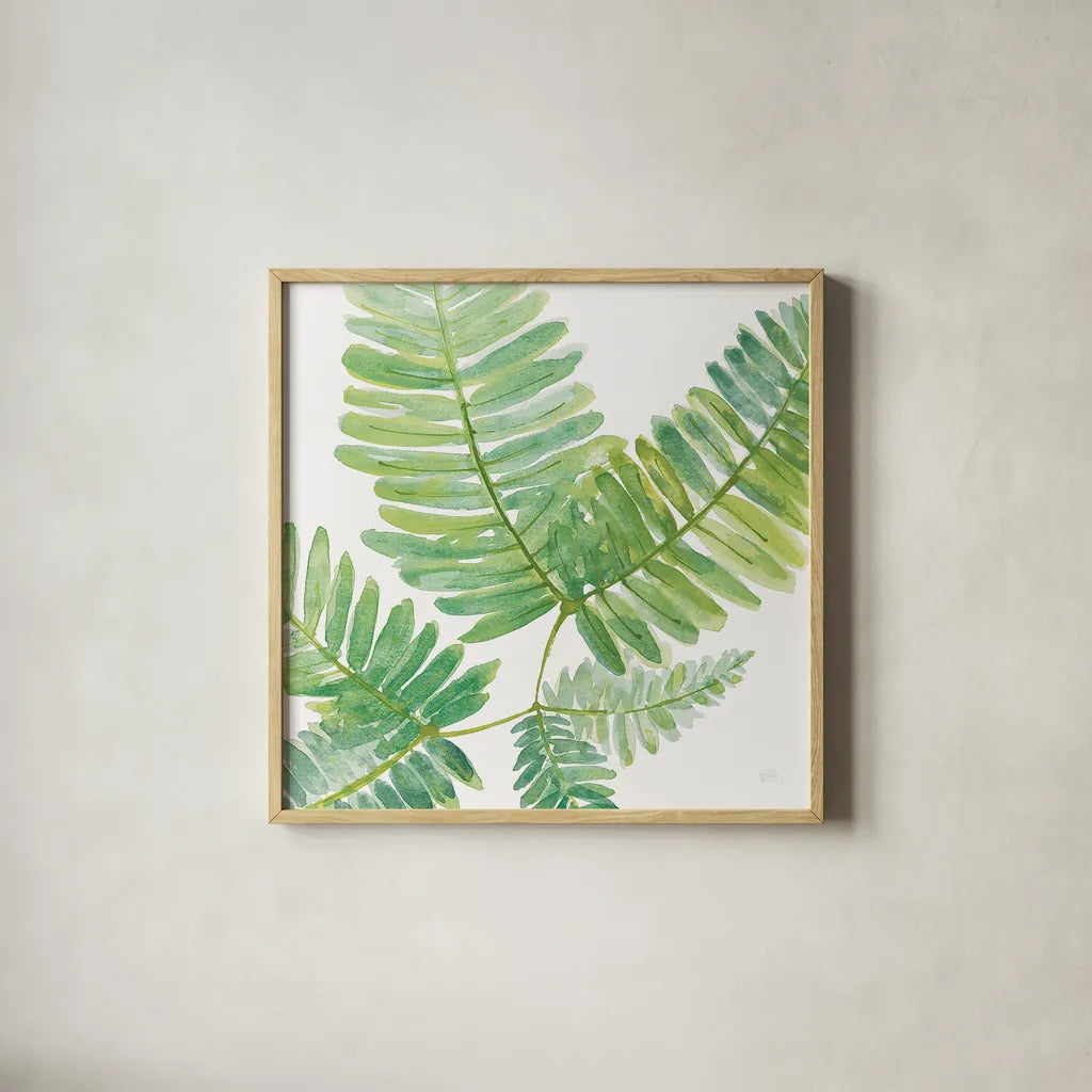 Ferns II Square by Chris Paschke. Shown in a natural wood glass frame for a timeless modern aesthetic. Available as an archival giclee rolled canvas, fine art paper, or poster print. SKU 24944a.