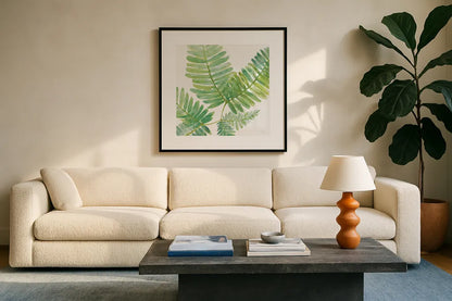 Ferns II Square by Chris Paschke. Displayed in a glass frame with matte in a clean modern living room. Available as an archival giclee rolled canvas, fine art paper, or poster print. SKU 24944a.