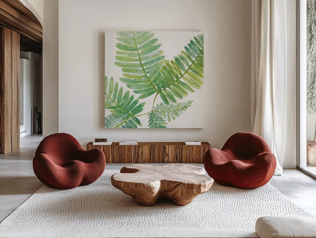 Ferns II Square by Chris Paschke. Shown as extra-large giant wall art in a modern living room. Available as an archival giclee rolled canvas, fine art paper, or poster print. SKU 24944a.