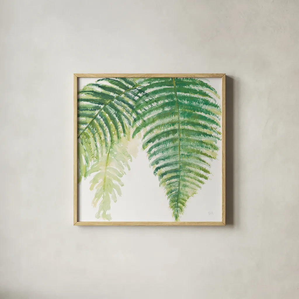 Ferns III Square by Chris Paschke. Shown in a natural wood glass frame for a timeless modern aesthetic. Available as an archival giclee rolled canvas, fine art paper, or poster print. SKU 24945a.