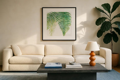 Ferns III Square by Chris Paschke. Displayed in a glass frame with matte in a clean modern living room. Available as an archival giclee rolled canvas, fine art paper, or poster print. SKU 24945a.