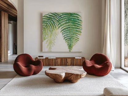 Ferns III Square by Chris Paschke. Shown as extra-large giant wall art in a modern living room. Available as an archival giclee rolled canvas, fine art paper, or poster print. SKU 24945a.