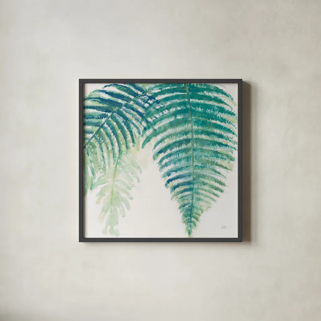 Ferns III Square Cool by Chris Paschke. Shown in a sleek black glass frame for a contemporary gallery look. Available as an archival giclee rolled canvas, fine art paper, or poster print. SKU 59774a.