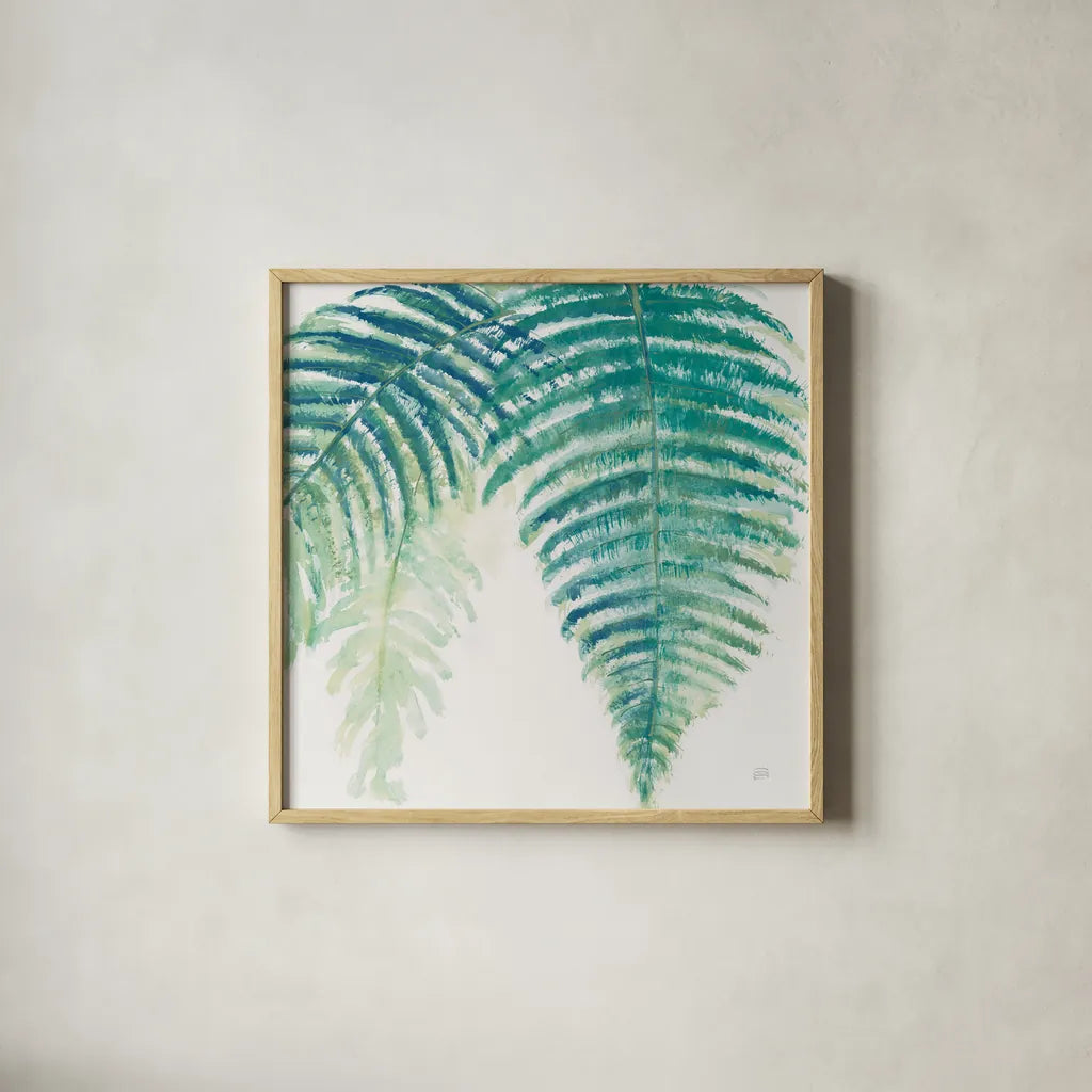 Ferns III Square Cool by Chris Paschke. Shown in a natural wood glass frame for a timeless modern aesthetic. Available as an archival giclee rolled canvas, fine art paper, or poster print. SKU 59774a.