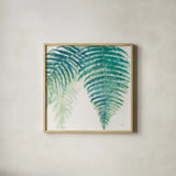 Ferns III Square Cool by Chris Paschke. Shown in a natural wood glass frame for a timeless modern aesthetic. Available as an archival giclee rolled canvas, fine art paper, or poster print. SKU 59774a.