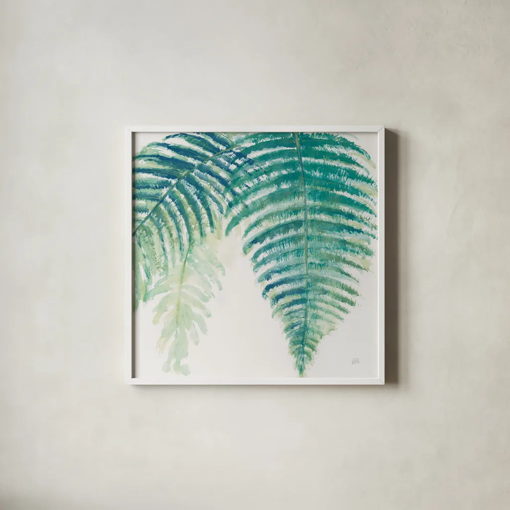 Ferns III Square Cool by Chris Paschke. Shown in a crisp white glass frame for a clean and minimalist style. Available as an archival giclee rolled canvas, fine art paper, or poster print. SKU 59774a.