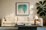 Ferns III Square Cool by Chris Paschke. Displayed in a glass frame with matte in a clean modern living room. Available as an archival giclee rolled canvas, fine art paper, or poster print. SKU 59774a.