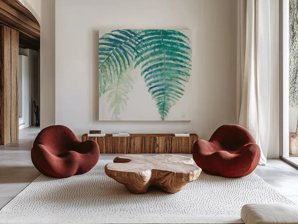 Ferns III Square Cool by Chris Paschke. Shown as extra-large giant wall art in a modern living room. Available as an archival giclee rolled canvas, fine art paper, or poster print. SKU 59774a.