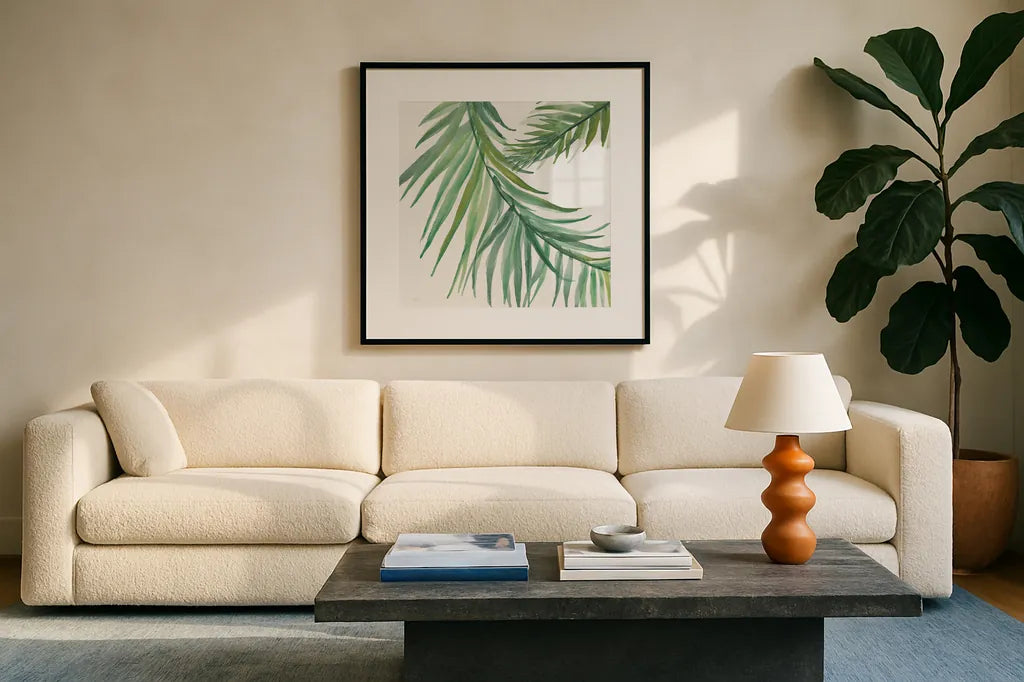 Ferns IV Square by Chris Paschke. Displayed in a glass frame with matte in a clean modern living room. Available as an archival giclee rolled canvas, fine art paper, or poster print. SKU 24946a.
