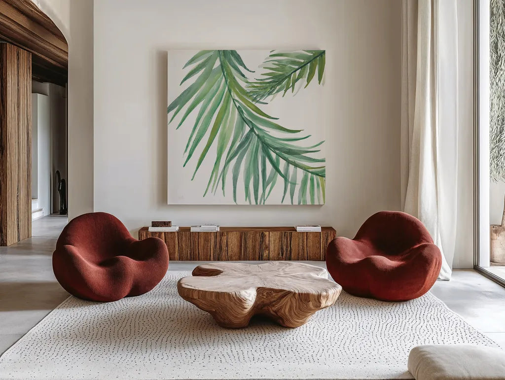 Ferns IV Square by Chris Paschke. Shown as extra-large giant wall art in a modern living room. Available as an archival giclee rolled canvas, fine art paper, or poster print. SKU 24946a.