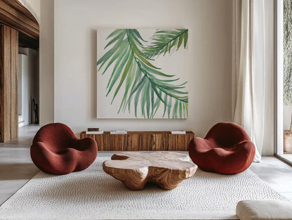 Ferns IV Square by Chris Paschke. Shown as extra-large giant wall art in a modern living room. Available as an archival giclee rolled canvas, fine art paper, or poster print. SKU 24946a.
