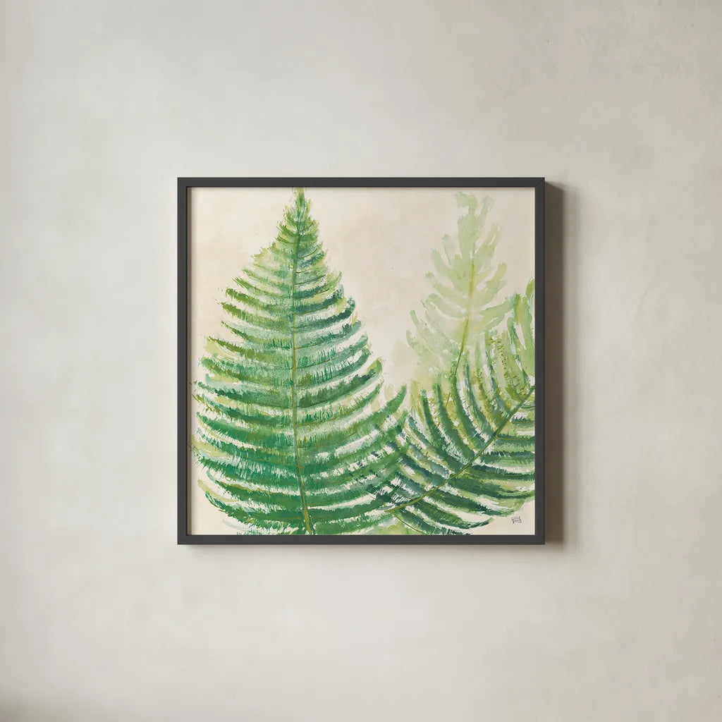 Ferns Square III v2 on Cream by Chris Paschke. Shown in a sleek black glass frame for a contemporary gallery look. Available as an archival giclee rolled canvas, fine art paper, or poster print. SKU 26377a.