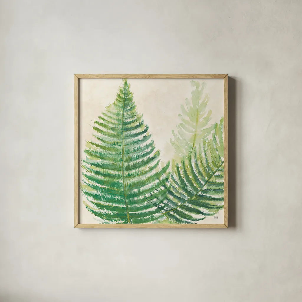 Ferns Square III v2 on Cream by Chris Paschke. Shown in a natural wood glass frame for a timeless modern aesthetic. Available as an archival giclee rolled canvas, fine art paper, or poster print. SKU 26377a.