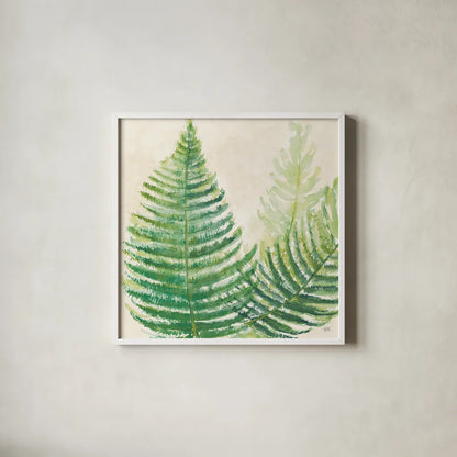 Ferns Square III v2 on Cream by Chris Paschke. Shown in a crisp white glass frame for a clean and minimalist style. Available as an archival giclee rolled canvas, fine art paper, or poster print. SKU 26377a.