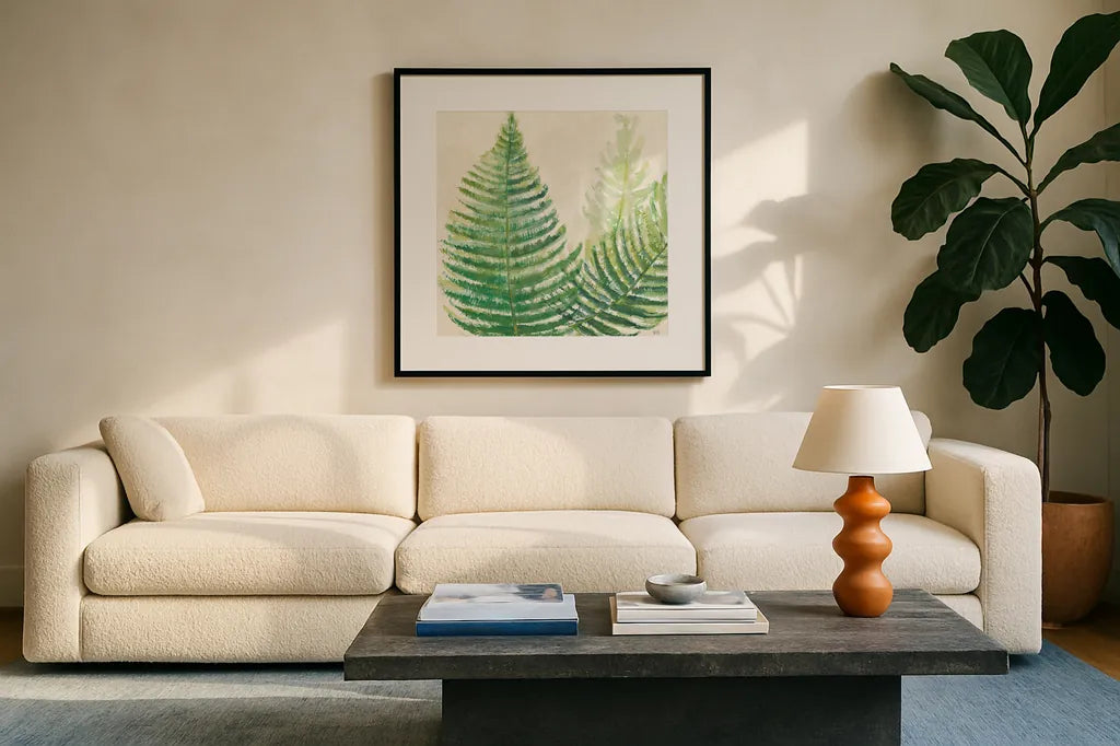 Ferns Square III v2 on Cream by Chris Paschke. Displayed in a glass frame with matte in a clean modern living room. Available as an archival giclee rolled canvas, fine art paper, or poster print. SKU 26377a.