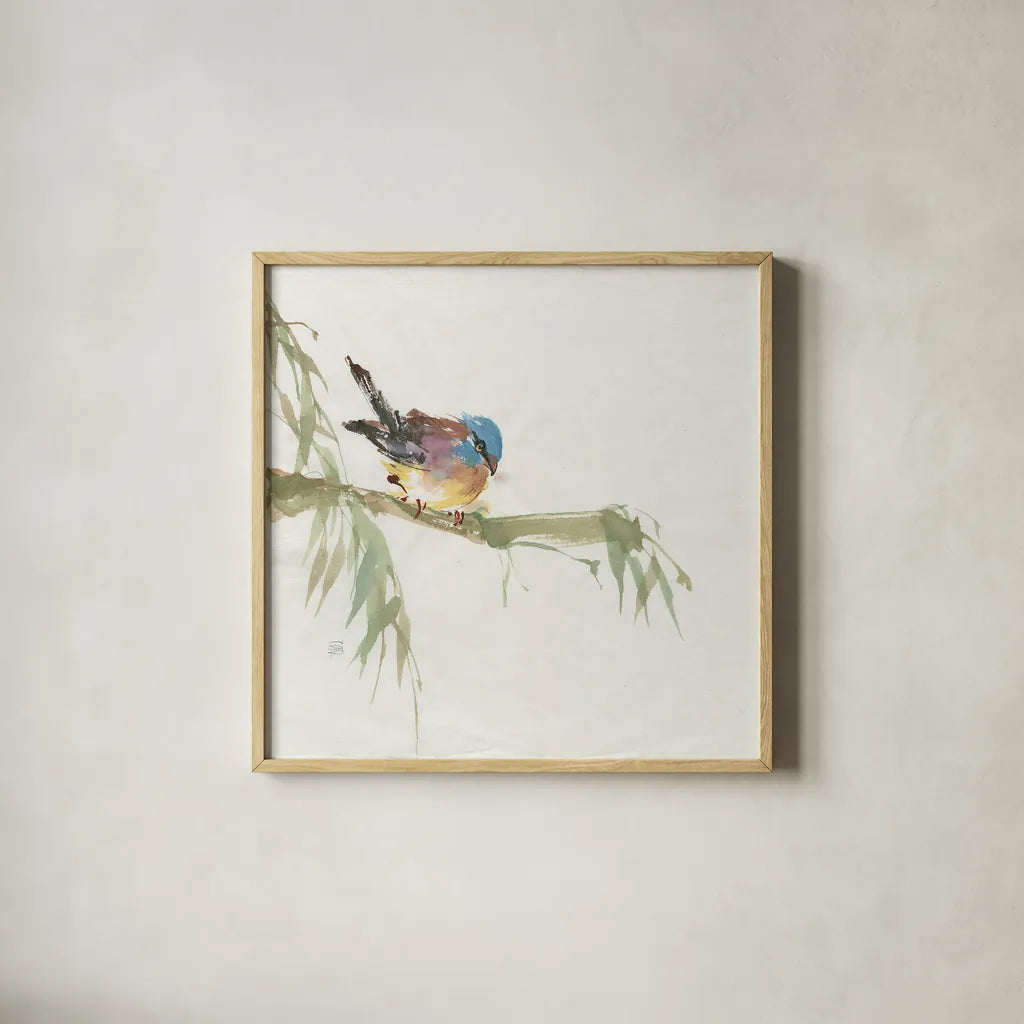 Finch by Chris Paschke. Shown in a natural wood glass frame for a timeless modern aesthetic. Available as an archival giclee rolled canvas, fine art paper, or poster print. SKU 23938a.