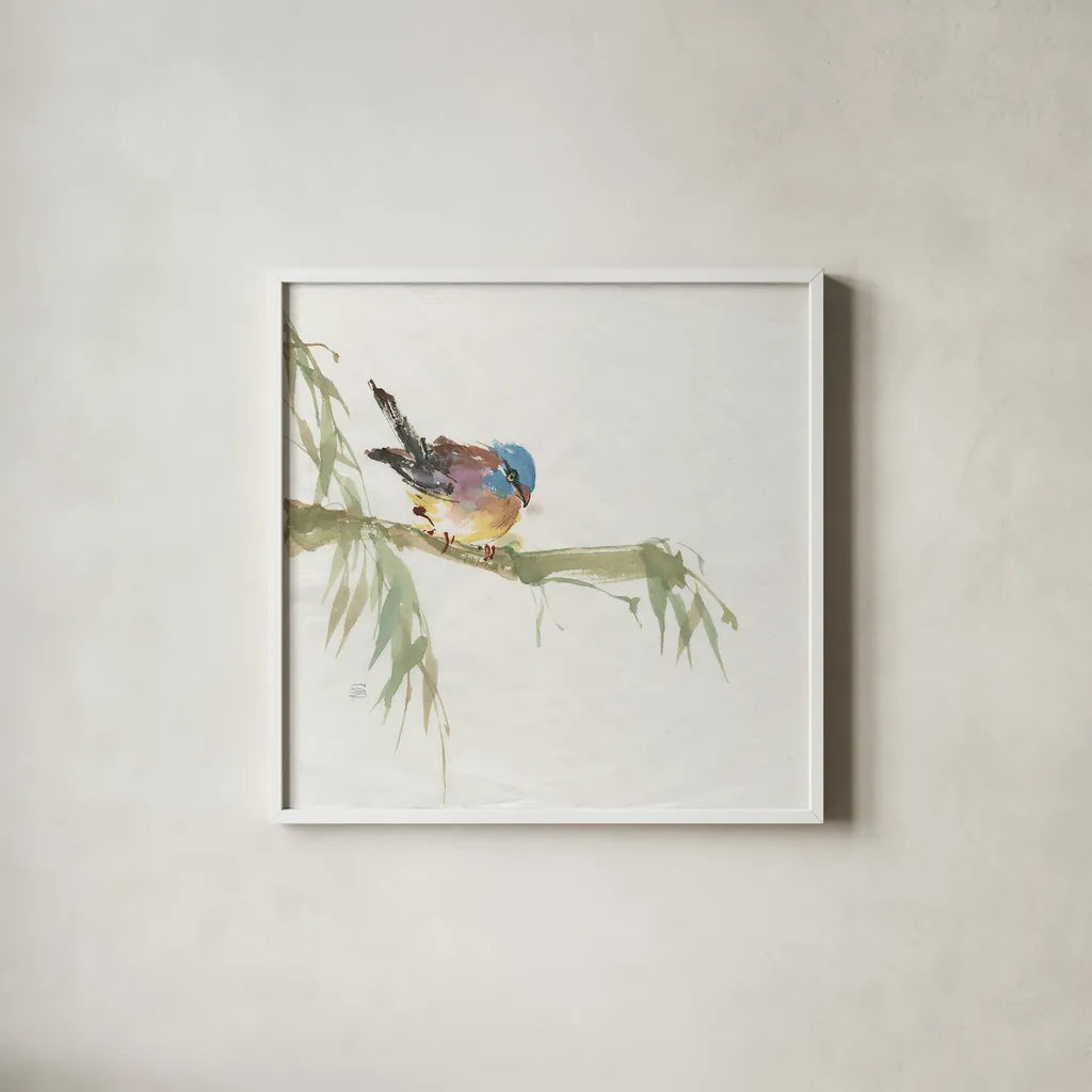 Finch by Chris Paschke. Shown in a crisp white glass frame for a clean and minimalist style. Available as an archival giclee rolled canvas, fine art paper, or poster print. SKU 23938a.