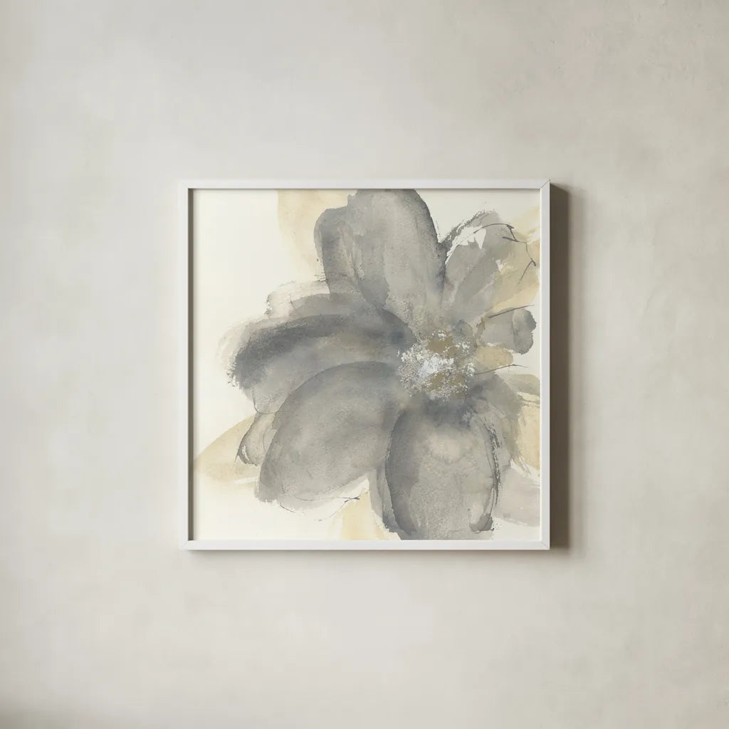 Floral Gray I by Chris Paschke. Shown in a crisp white glass frame for a clean and minimalist style. Available as an archival giclee rolled canvas, fine art paper, or poster print. SKU 33984a.