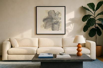 Floral Gray I by Chris Paschke. Displayed in a glass frame with matte in a clean modern living room. Available as an archival giclee rolled canvas, fine art paper, or poster print. SKU 33984a.