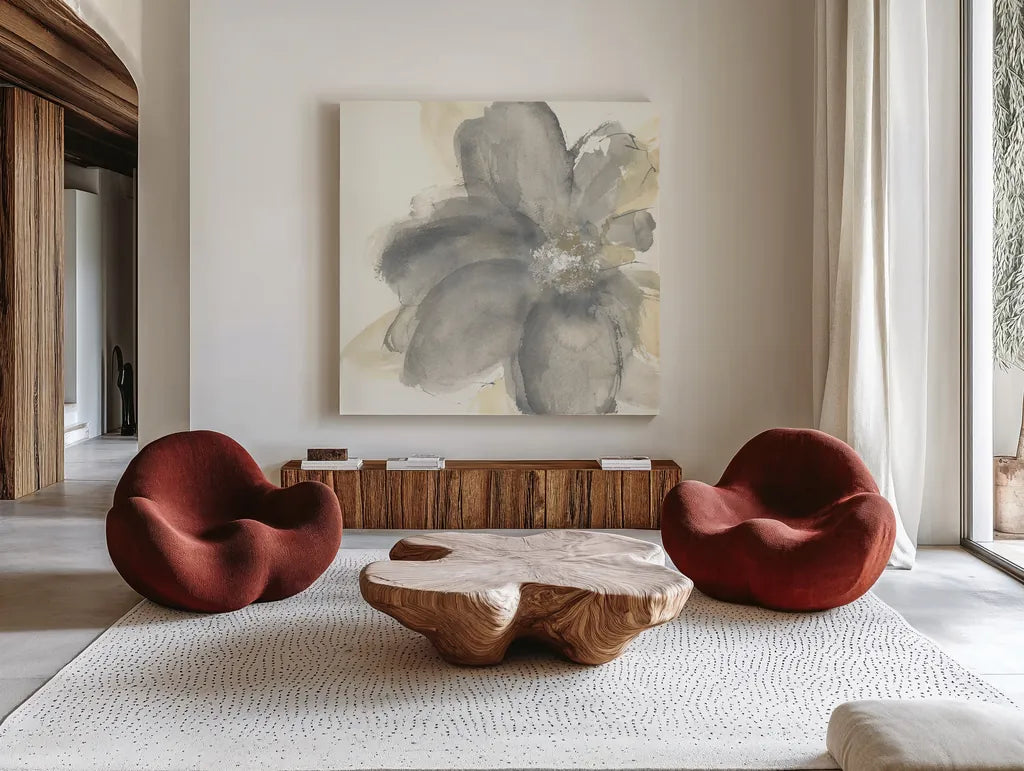 Floral Gray I by Chris Paschke. Shown as extra-large giant wall art in a modern living room. Available as an archival giclee rolled canvas, fine art paper, or poster print. SKU 33984a.