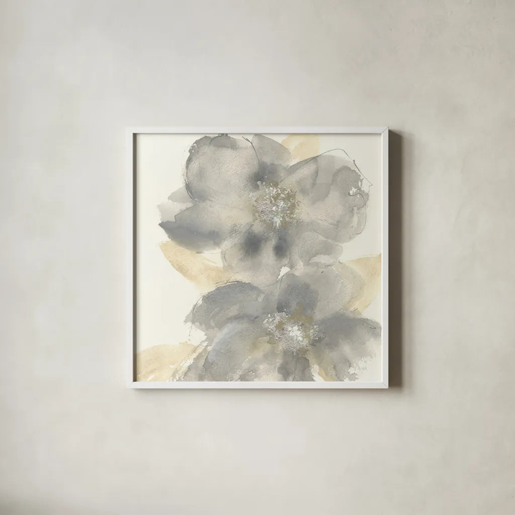 Floral Gray II by Chris Paschke. Shown in a crisp white glass frame for a clean and minimalist style. Available as an archival giclee rolled canvas, fine art paper, or poster print. SKU 33985a.