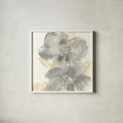 Floral Gray II by Chris Paschke. Shown in a crisp white glass frame for a clean and minimalist style. Available as an archival giclee rolled canvas, fine art paper, or poster print. SKU 33985a.