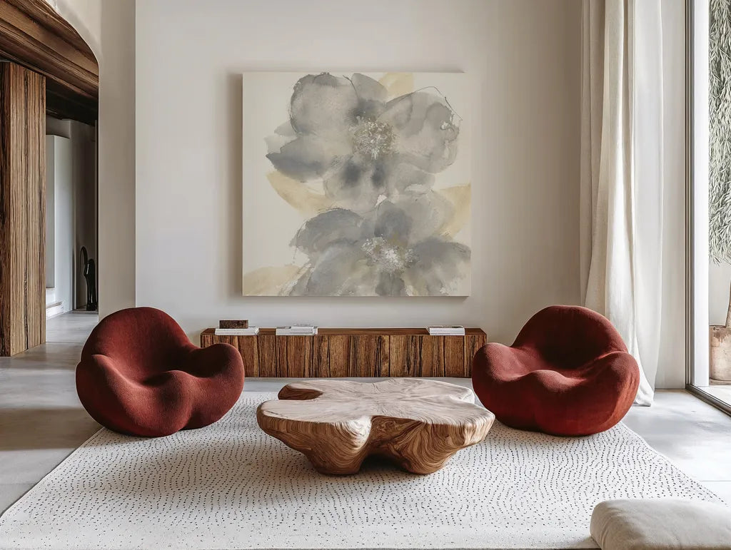 Floral Gray II by Chris Paschke. Shown as extra-large giant wall art in a modern living room. Available as an archival giclee rolled canvas, fine art paper, or poster print. SKU 33985a.