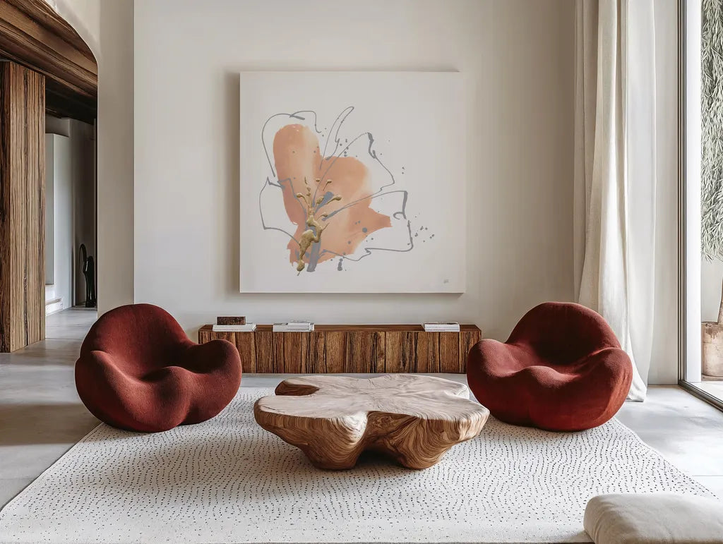 Floral Terracotta II by Chris Paschke. Shown as extra-large giant wall art in a modern living room. Available as an archival giclee rolled canvas, fine art paper, or poster print. SKU 82455a.