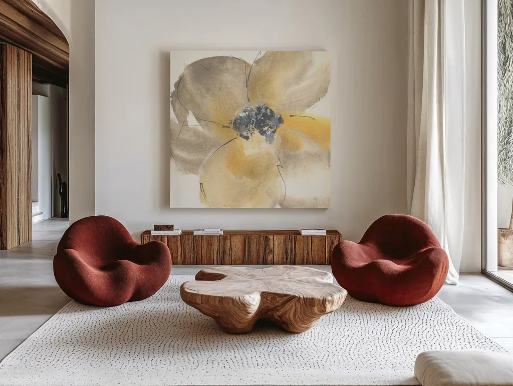 Flower Tones II by Chris Paschke. Shown as extra-large giant wall art in a modern living room. Available as an archival giclee rolled canvas, fine art paper, or poster print. SKU 33989a.