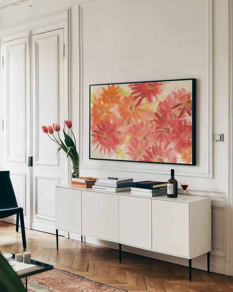 Flowers Afield II by Chris Paschke. shown as a framed stretched canvas in a living room above a console. Available as a archival giclee rolled canvas, fine art paper, or poster print. SKU 50153i.
