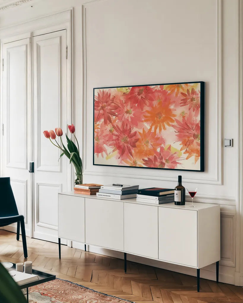 Flowers Afield III by Chris Paschke. shown as a framed stretched canvas in a living room above a console. Available as a archival giclee rolled canvas, fine art paper, or poster print. SKU 50154i.