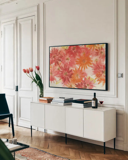 Flowers Afield III by Chris Paschke. shown as a framed stretched canvas in a living room above a console. Available as a archival giclee rolled canvas, fine art paper, or poster print. SKU 50154i.