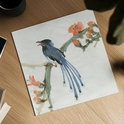 Formosan Blue Magpie by Chris Paschke. Shown as a detailed flat fine art print, highlighting archival giclee quality. Available as an archival giclee rolled canvas, fine art paper, or poster print. SKU 23939a.