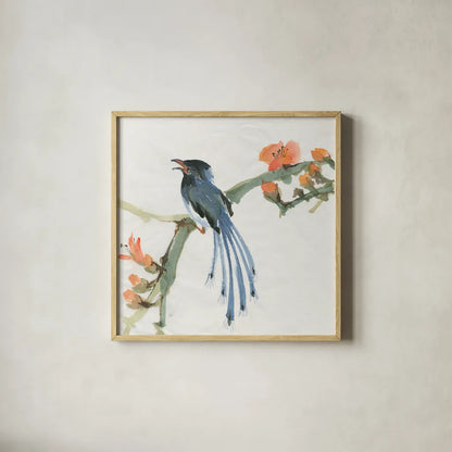 Formosan Blue Magpie by Chris Paschke. Shown in a natural wood glass frame for a timeless modern aesthetic. Available as an archival giclee rolled canvas, fine art paper, or poster print. SKU 23939a.
