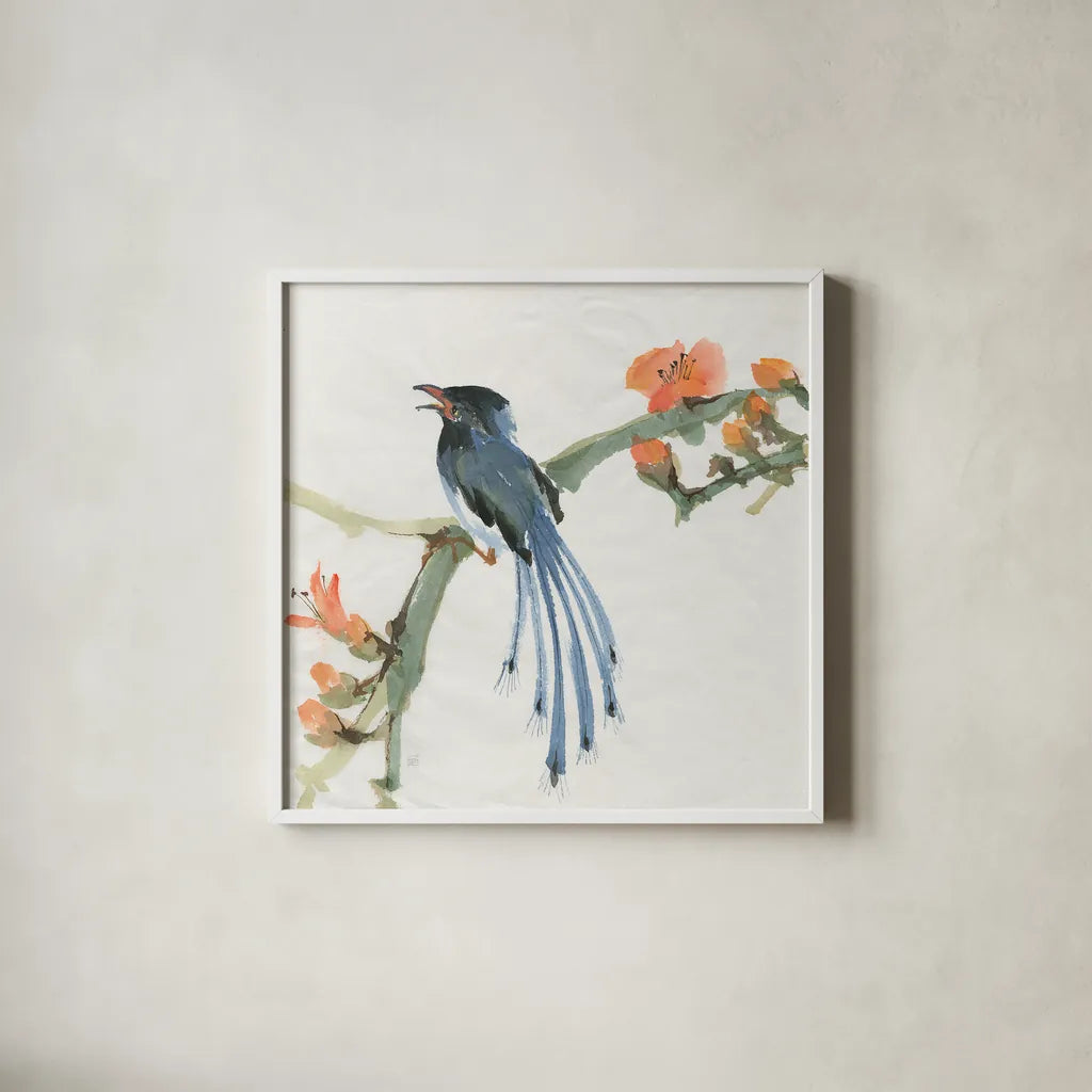 Formosan Blue Magpie by Chris Paschke. Shown in a crisp white glass frame for a clean and minimalist style. Available as an archival giclee rolled canvas, fine art paper, or poster print. SKU 23939a.