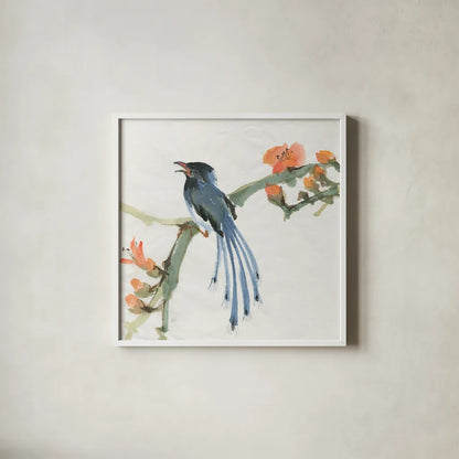 Formosan Blue Magpie by Chris Paschke. Shown in a crisp white glass frame for a clean and minimalist style. Available as an archival giclee rolled canvas, fine art paper, or poster print. SKU 23939a.