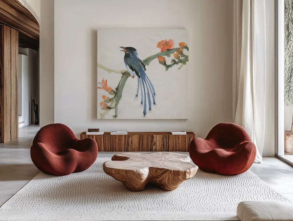 Formosan Blue Magpie by Chris Paschke. Shown as extra-large giant wall art in a modern living room. Available as an archival giclee rolled canvas, fine art paper, or poster print. SKU 23939a.