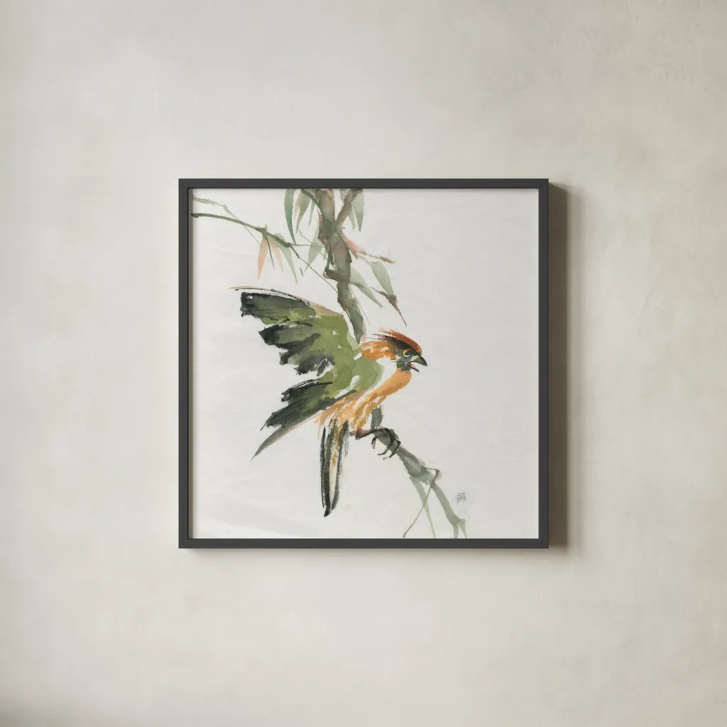 Formosan Firecrest by Chris Paschke. Shown in a sleek black glass frame for a contemporary gallery look. Available as an archival giclee rolled canvas, fine art paper, or poster print. SKU 23940a.