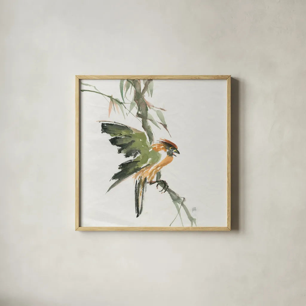 Formosan Firecrest by Chris Paschke. Shown in a natural wood glass frame for a timeless modern aesthetic. Available as an archival giclee rolled canvas, fine art paper, or poster print. SKU 23940a.