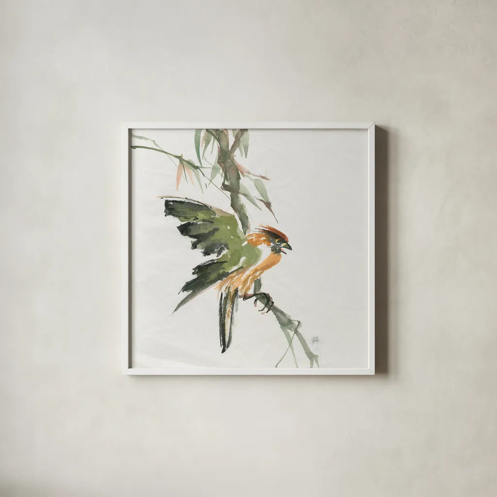 Formosan Firecrest by Chris Paschke. Shown in a crisp white glass frame for a clean and minimalist style. Available as an archival giclee rolled canvas, fine art paper, or poster print. SKU 23940a.