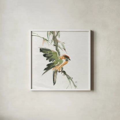 Formosan Firecrest by Chris Paschke. Shown in a crisp white glass frame for a clean and minimalist style. Available as an archival giclee rolled canvas, fine art paper, or poster print. SKU 23940a.