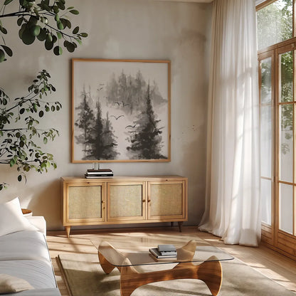 Free Flight II by Chris Paschke. Shown in a natural wood frame in a cozy modern living room. Available as an archival giclee rolled canvas, fine art paper, or poster print. SKU 95451a.