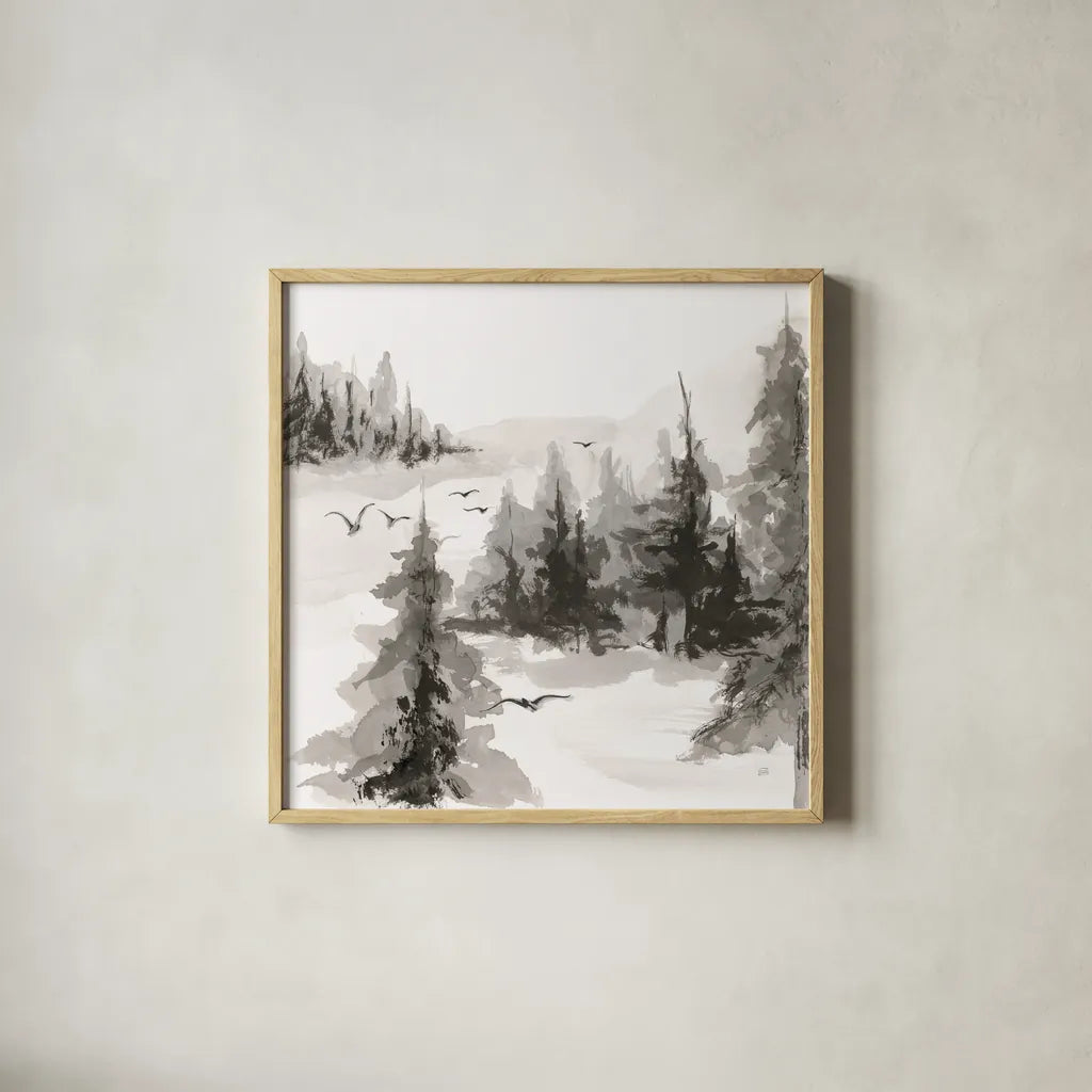 Free Flight IV by Chris Paschke. Shown in a natural wood glass frame for a timeless modern aesthetic. Available as an archival giclee rolled canvas, fine art paper, or poster print. SKU 95453a.